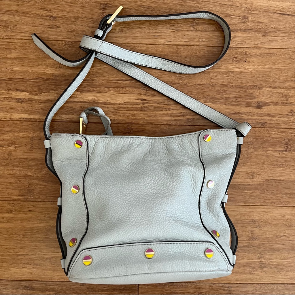 Valence Crossbody Bag Leather Studded Bucket Light Blue